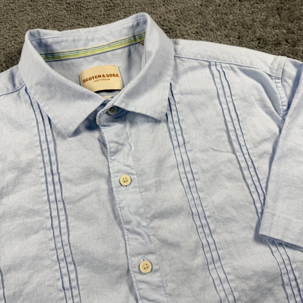 Scotch & Soda Mens Blue Linen Blend Pintuck Short Sleeve Button Down Shirt Large